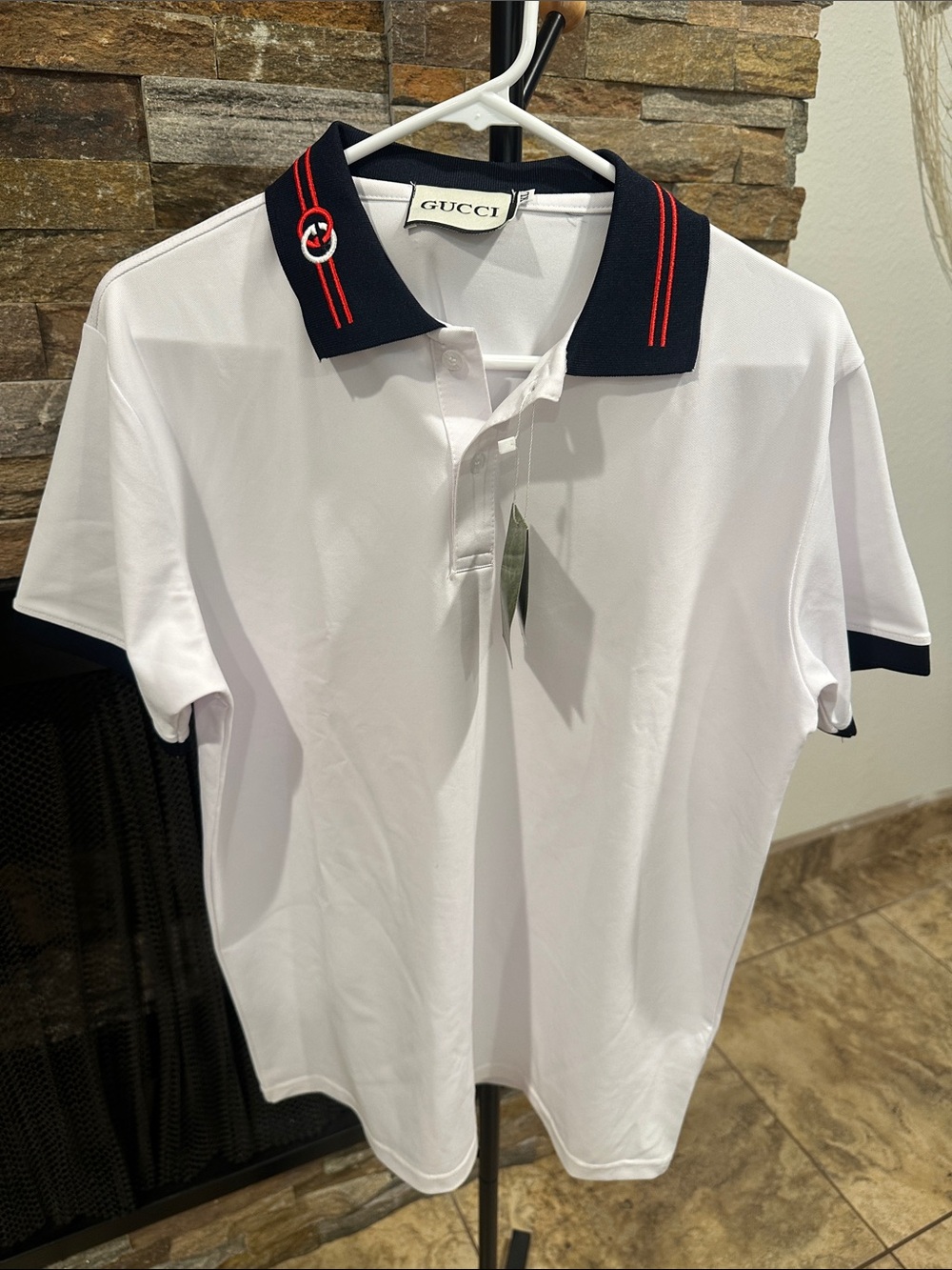 Men’s White Polo Shirt with Navy Contrast Collar size S
